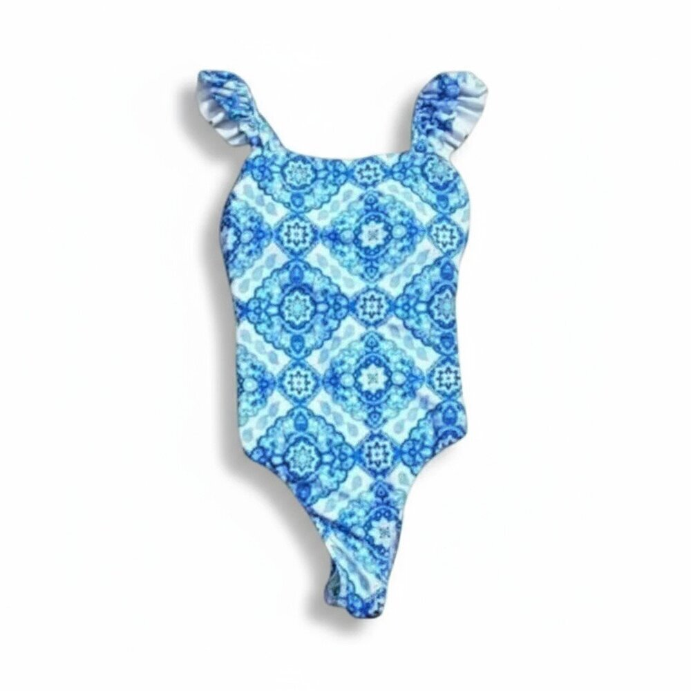 Blue Geometric Print One-Piece Swimsuit – Women’s Size Large Ruffle Strap